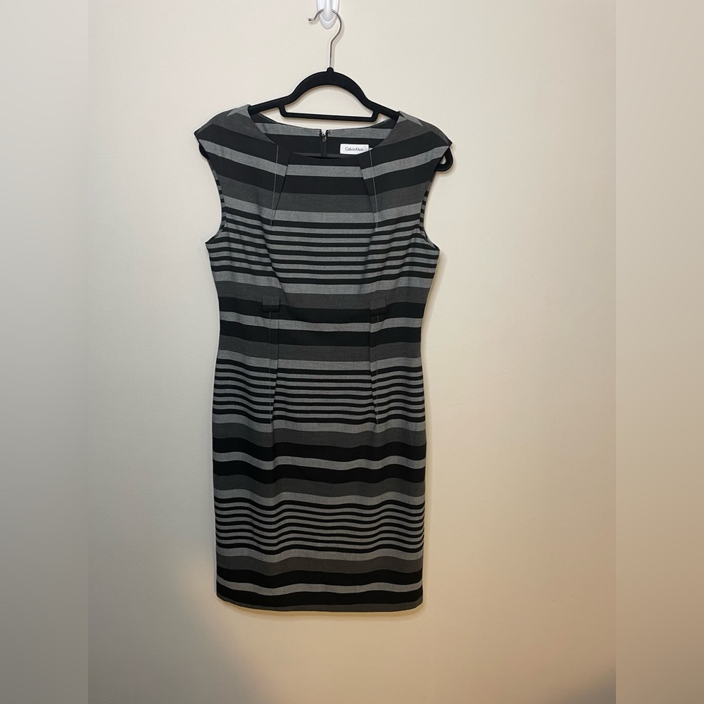 Calvin Klein Sleeveless Black & Gray Striped Pleated Sheath Modest Career Dress